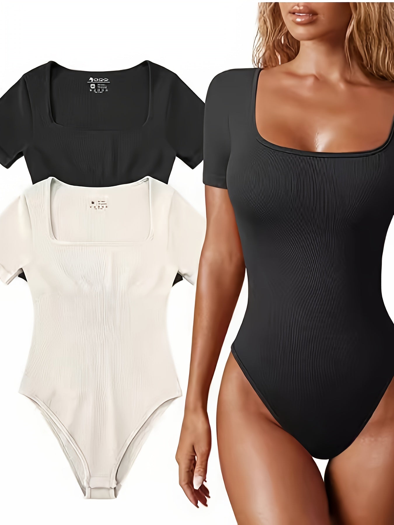 Ribbed Square Neck Short Sleeve Bodysuits - TrimTones