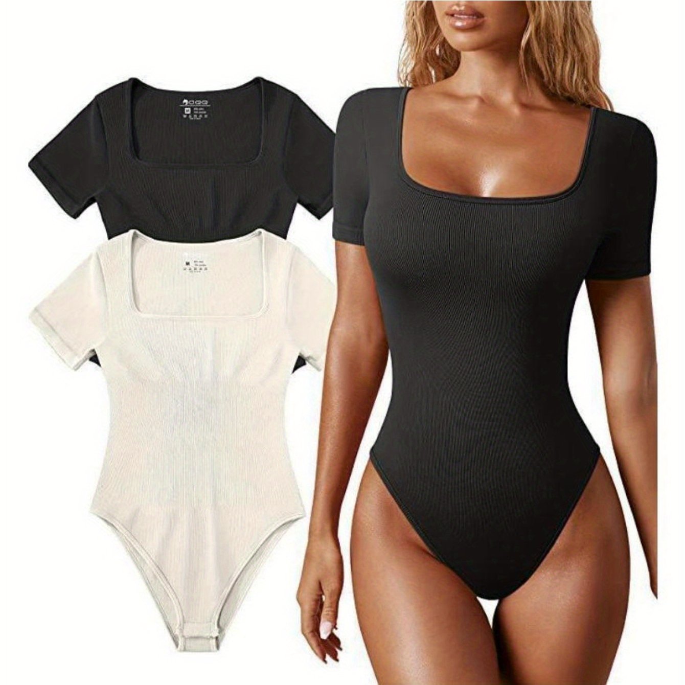 Ribbed Half Sleeve Square Neck Bodysuits - TrimTones