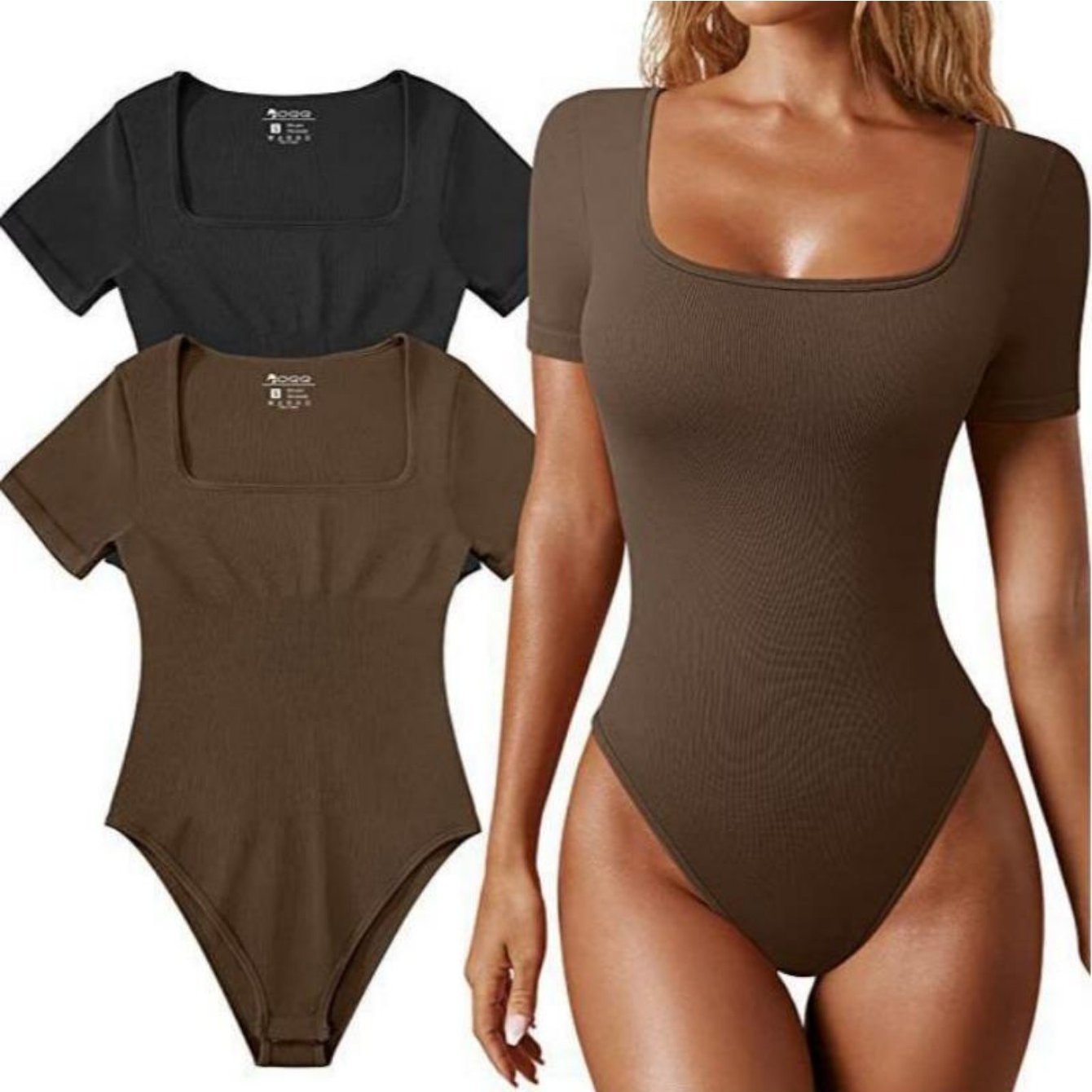 Ribbed Half Sleeve Square Neck Bodysuits - TrimTones