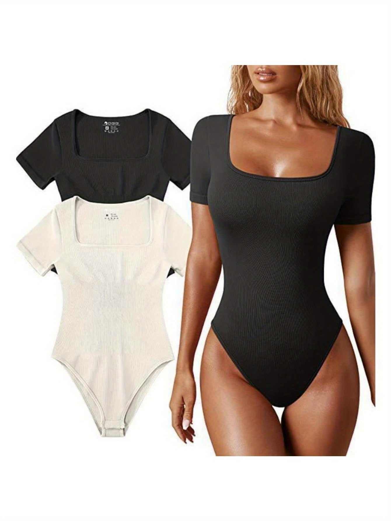 Ribbed Half Sleeve Square Neck Bodysuits - TrimTones