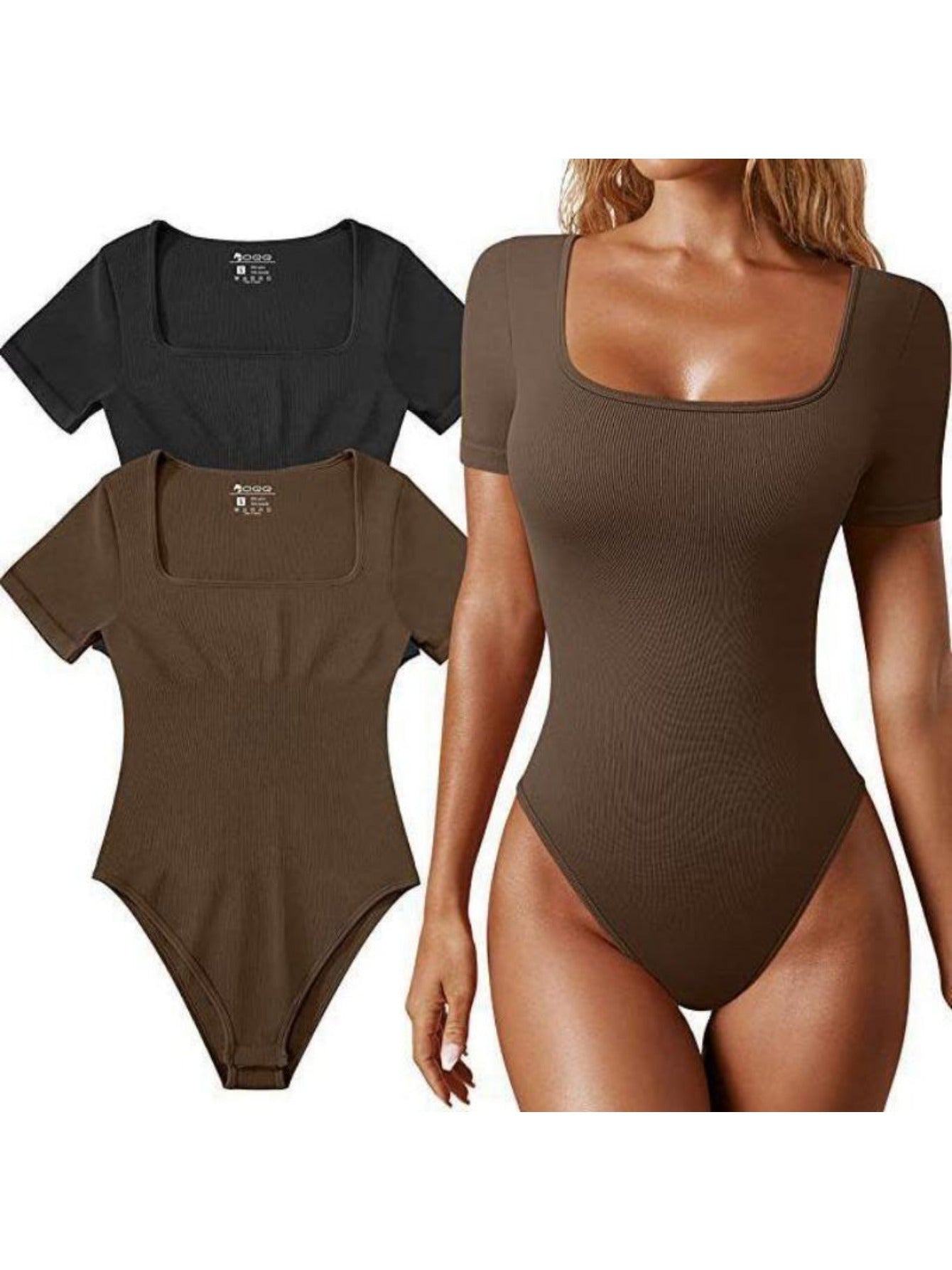 Ribbed Half Sleeve Square Neck Bodysuits - TrimTones