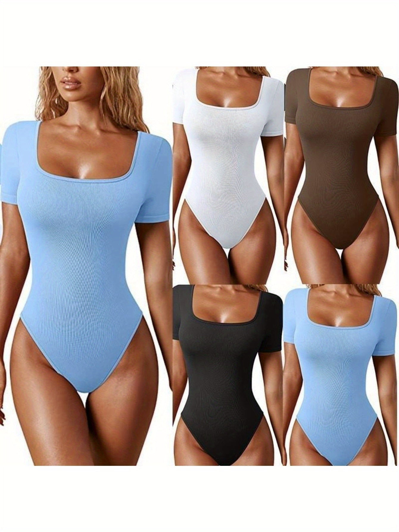 Ribbed Half Sleeve Square Neck Bodysuits - TrimTones