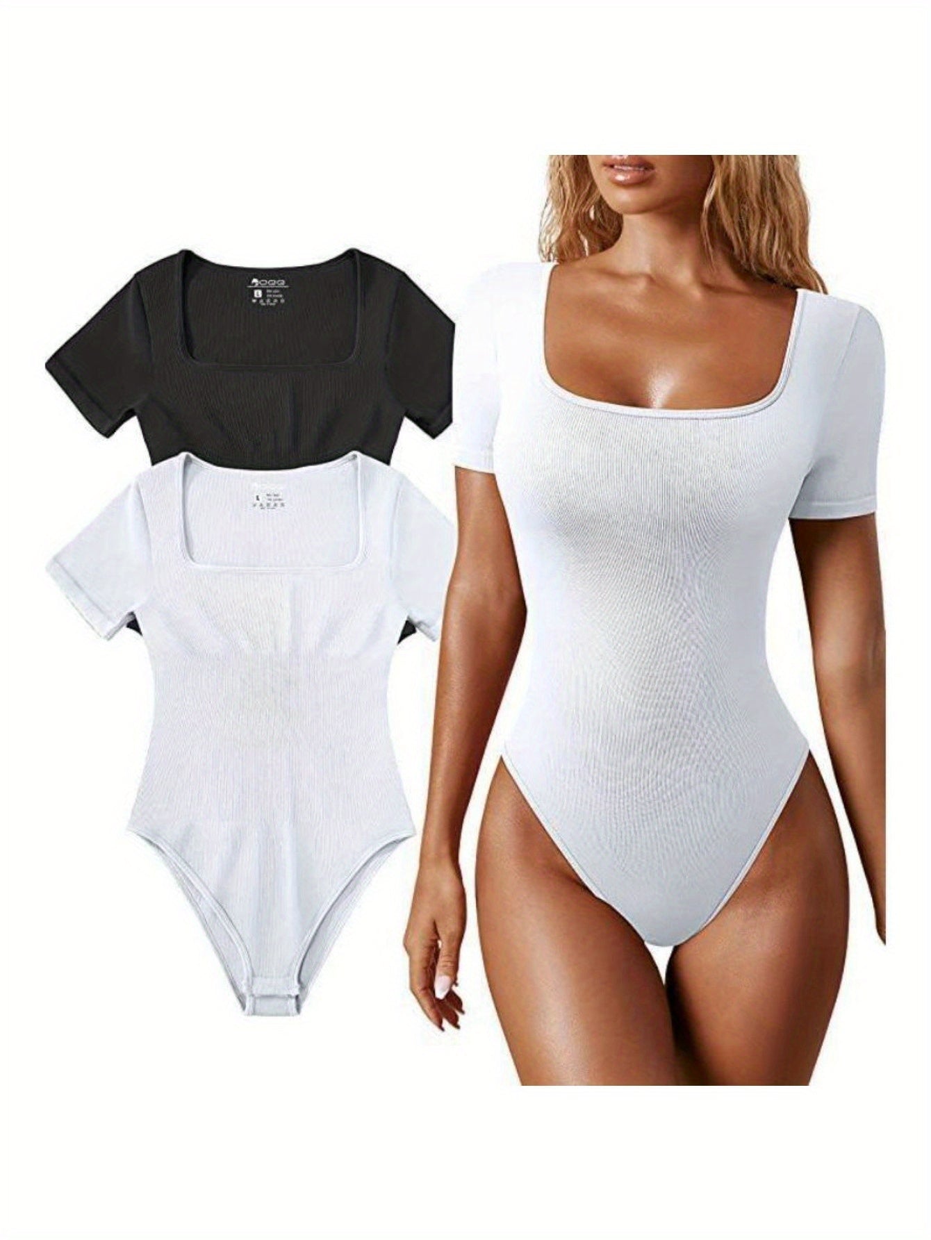 Ribbed Half Sleeve Square Neck Bodysuits - TrimTones