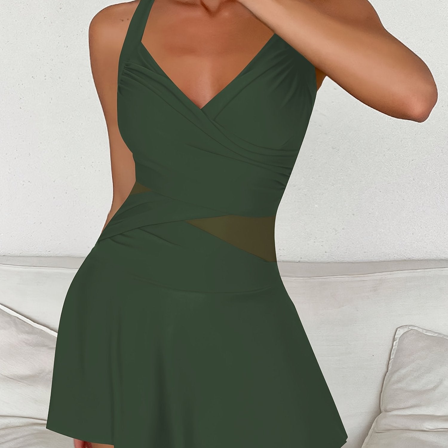 Crisscross Back with V Neck Skirted Swimwear - TrimTones