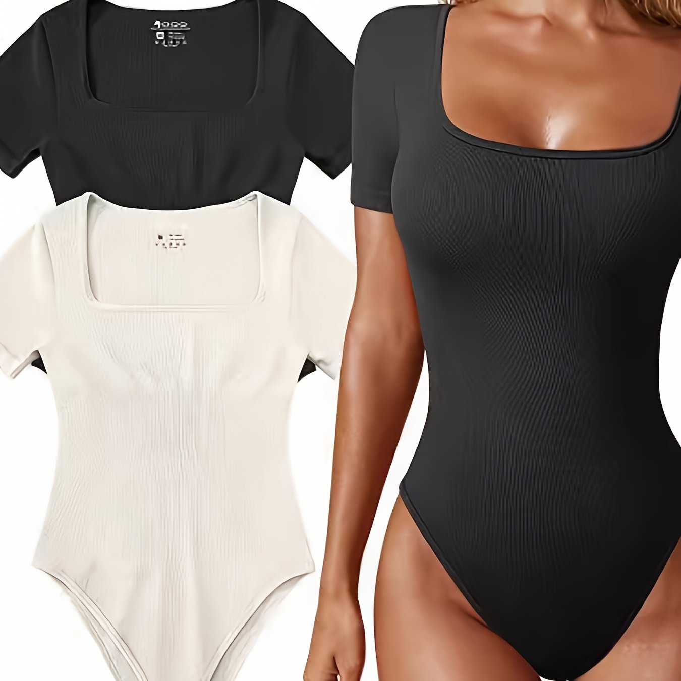 Ribbed Square Neck Short Sleeve Bodysuits - TrimTones