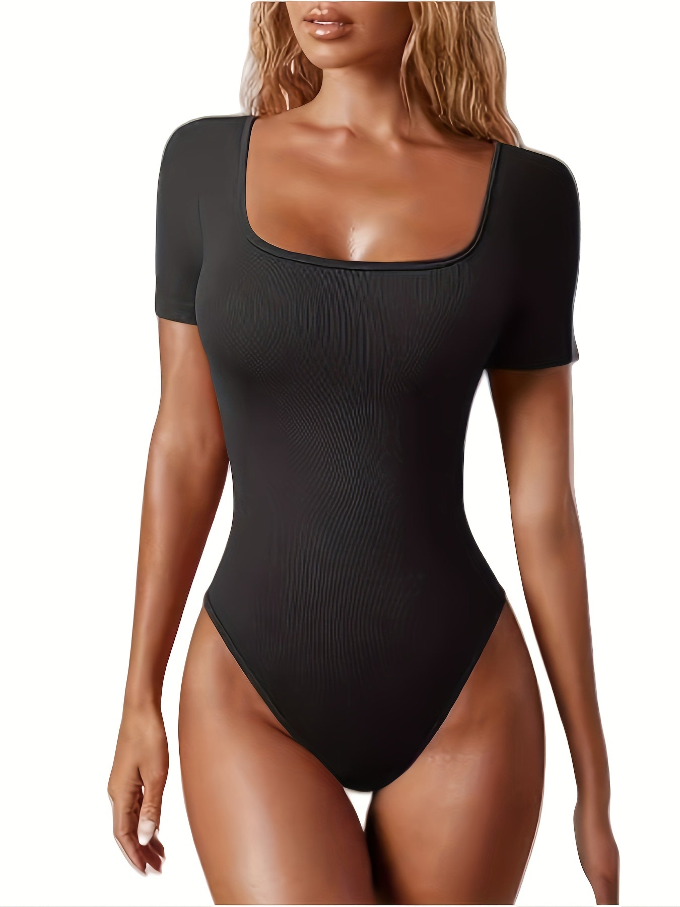 Ribbed Square Neck Short Sleeve Bodysuits - TrimTones