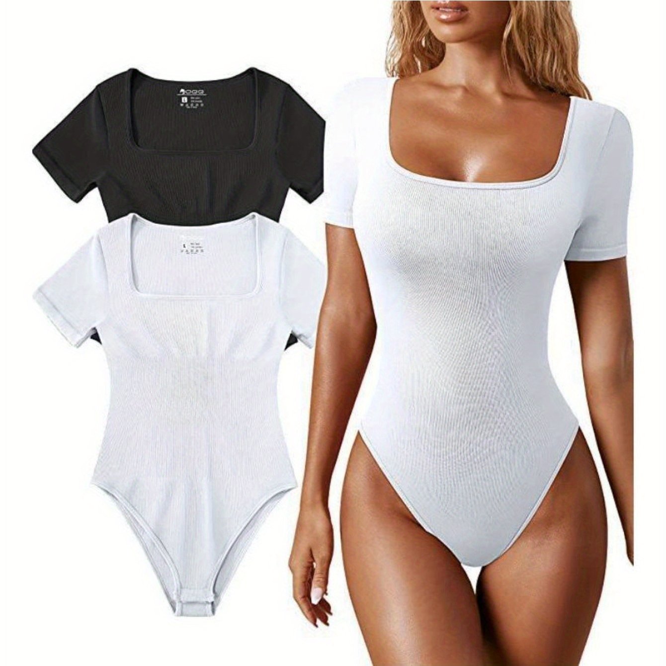 Ribbed Half Sleeve Square Neck Bodysuits - TrimTones