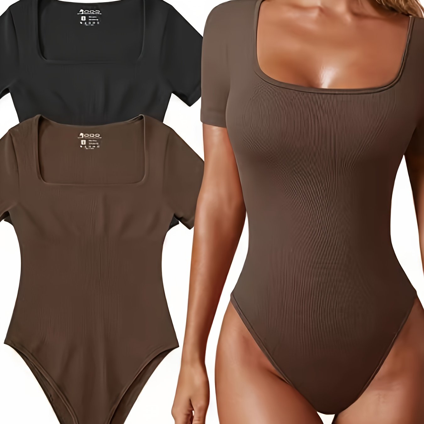 Ribbed Square Neck Short Sleeve Bodysuits - TrimTones