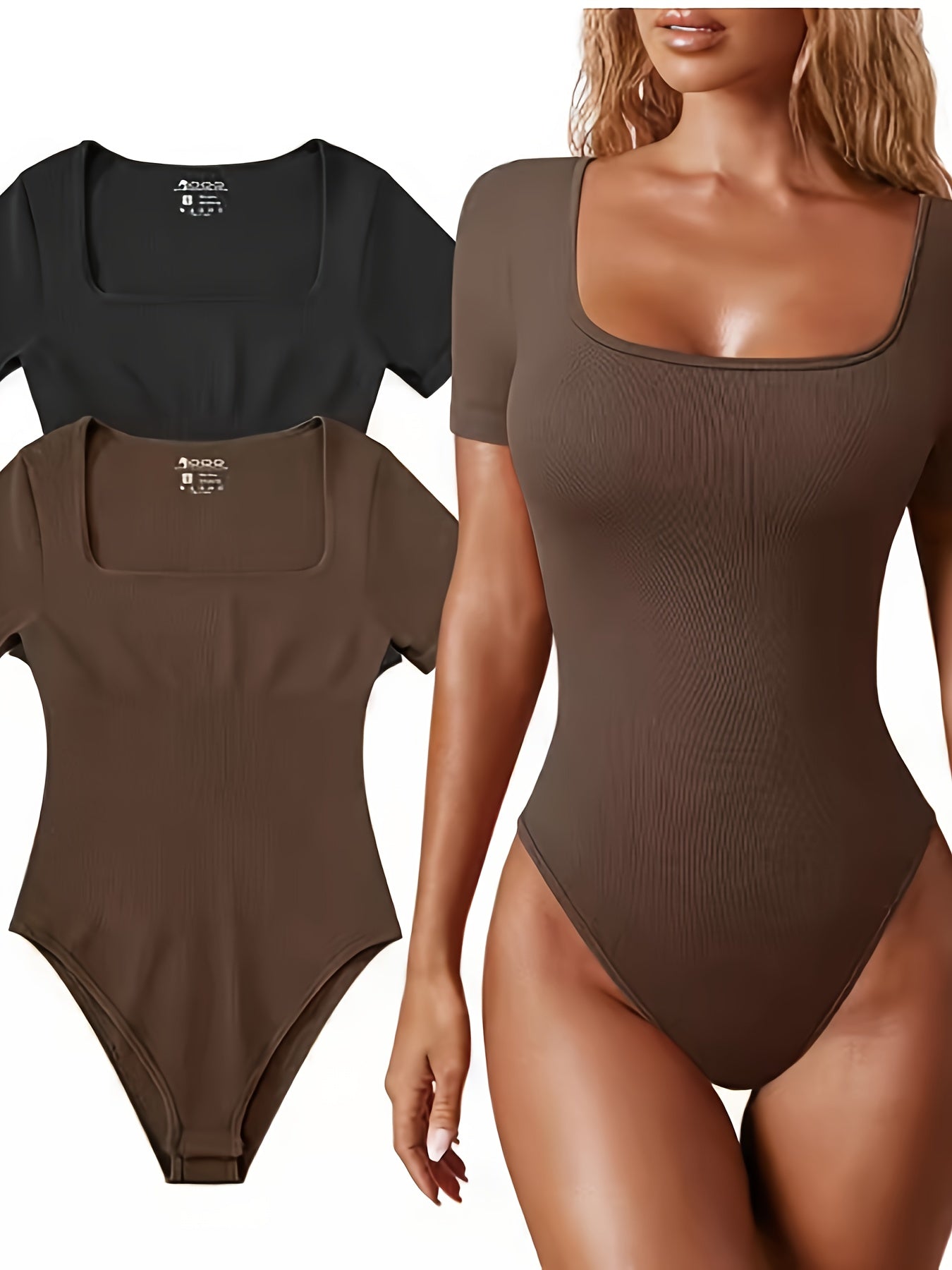 Ribbed Square Neck Short Sleeve Bodysuits - TrimTones