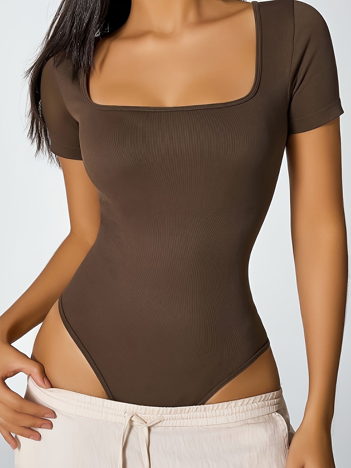 Ribbed Square Neck Short Sleeve Bodysuits - TrimTones