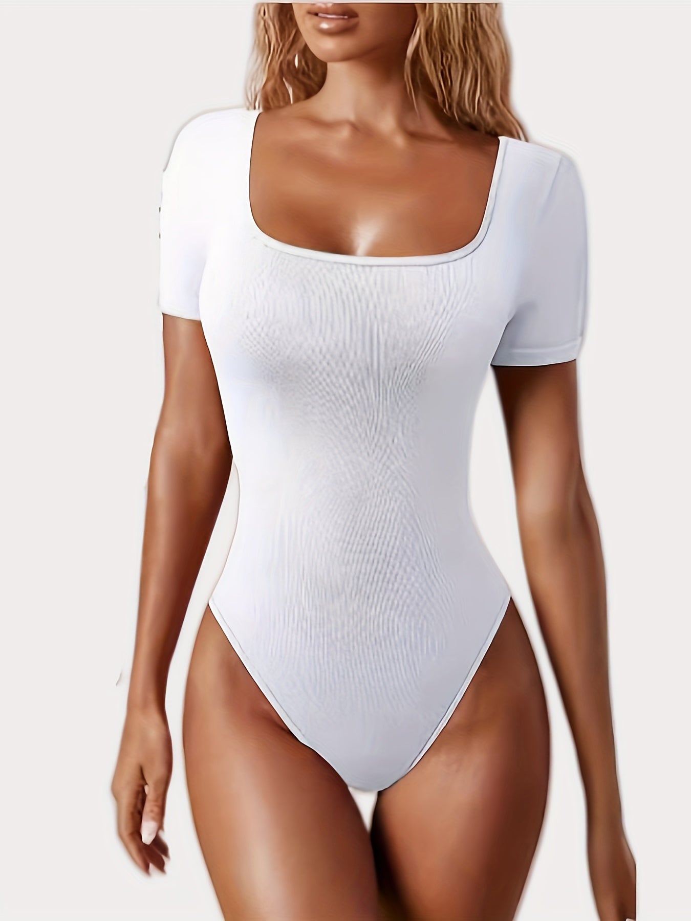 Ribbed Square Neck Short Sleeve Bodysuits - TrimTones