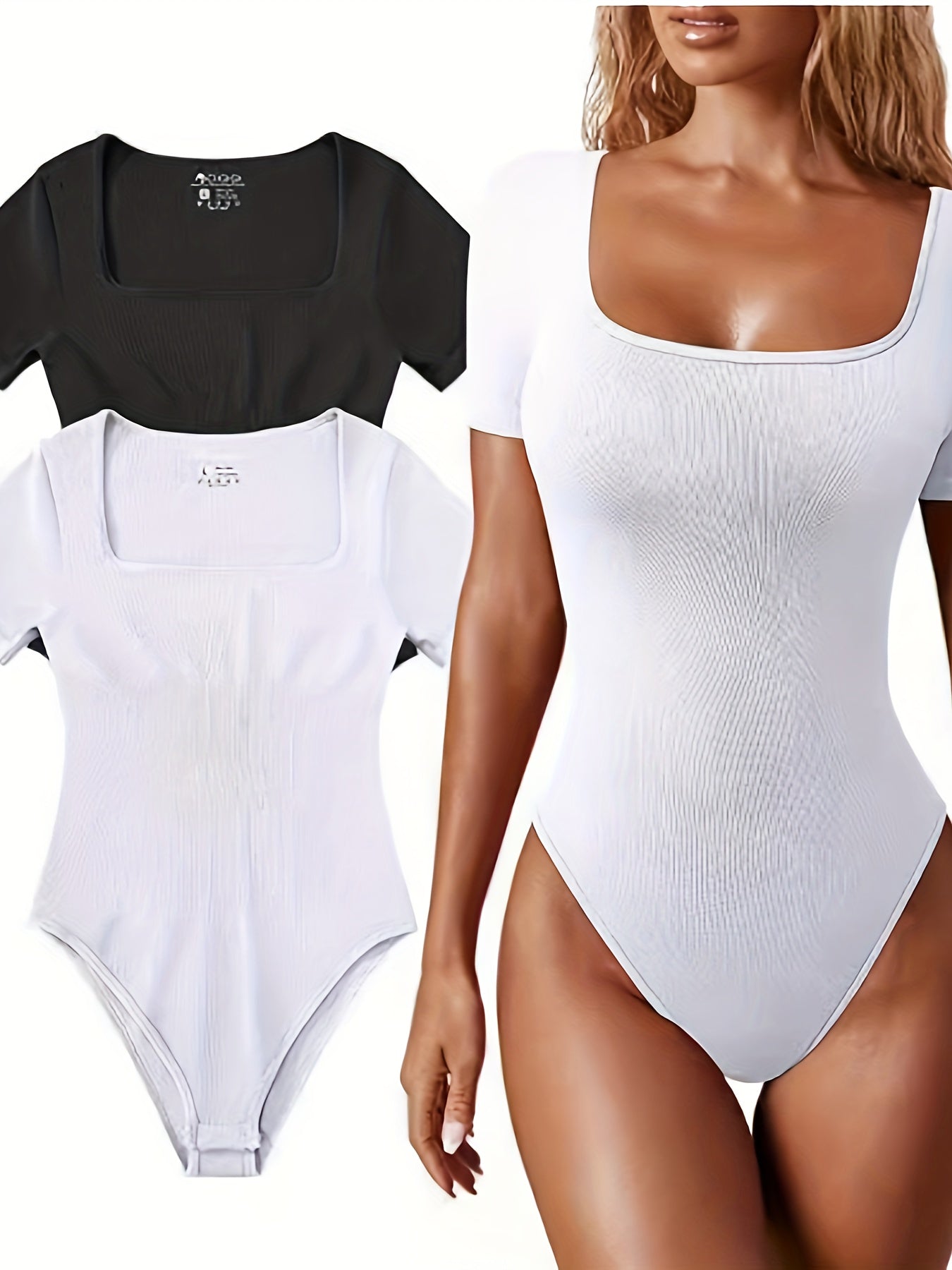 Ribbed Square Neck Short Sleeve Bodysuits - TrimTones